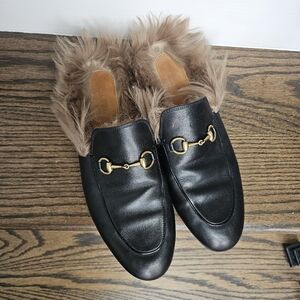 Authentic GUCCI Princetown Leather Loafers with Fur Trim, black, Size 41